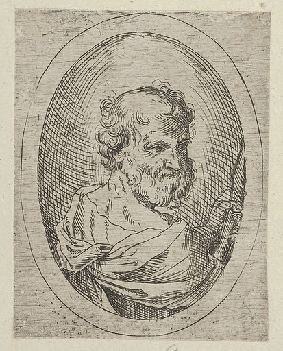 Saint Simon seen from behind, turning to the right and holding a saw, in an oval frame, from "Christ, the Virgin, and Thirteen Apostles"