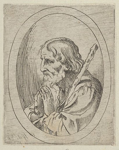 Saint Jude in prayer, seen in profile facing left with a staff resting on his shoulder, in an oval frame, from "Christ, the Virgin, and Thirteen Apostles"