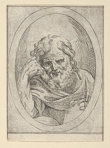 An apostle resting his head on his right hand and holding a book, in an oval frame, from "Christ, the Virgin, and Thirteen Apostles"