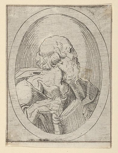 An apostle seen in profile facing right, holding an open book, in an oval frame, from "Christ, the Virgin, and Thirteen Apostles"