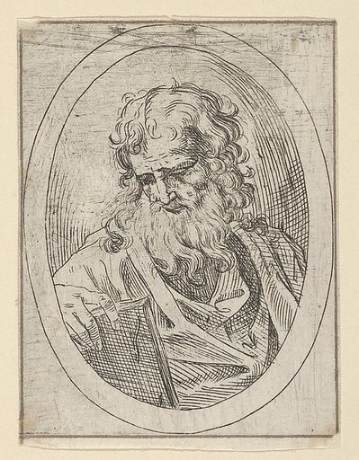 An apostle with a long beard looking down at an open book, in an oval frame, from "Christ, the Virgin, and Thirteen Apostles"