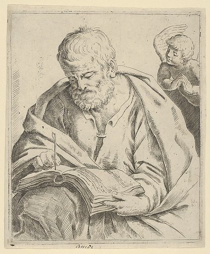 Old man seated and writing in a book, an angel at right looking over his shoulder