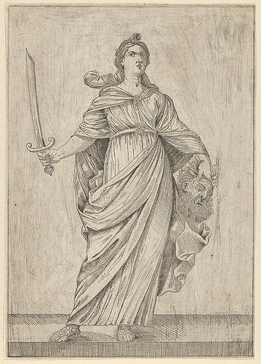 Judith standing on a ledge holding the head of Holofernes in her left hand and a sword in her right