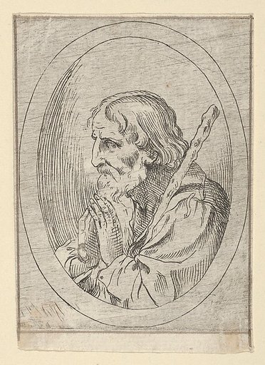 Saint Jude in prayer, seen in profile facing left with a staff resting on his shoulder, in an oval frame, from "Christ, the Virgin, and Thirteen Apostles"