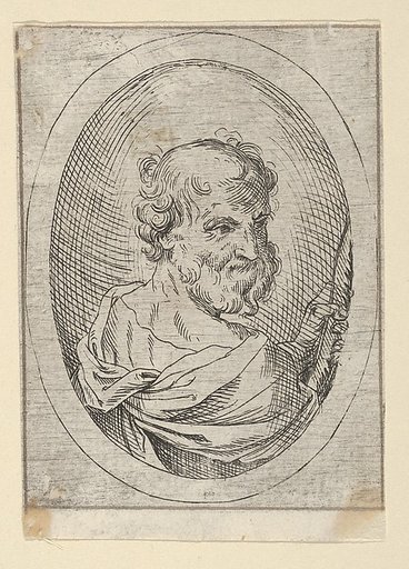 Saint Simon seen from behind, turning to the right and holding a saw, in an oval frame, from "Christ, the Virgin, and Thirteen Apostles"