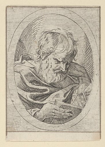 An apostle resting his head on his left hand and reading a book, in an oval frame, from "Christ, the Virgin, and Thirteen Apostles"