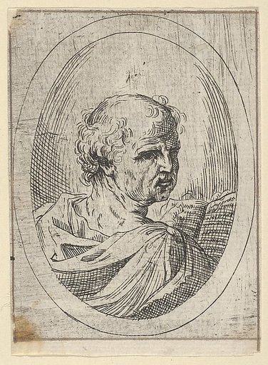 An apostle seen from behind and turning to the right, holding an open book, in an oval frame, from "Christ, the Virgin, and Thirteen Apostles"
