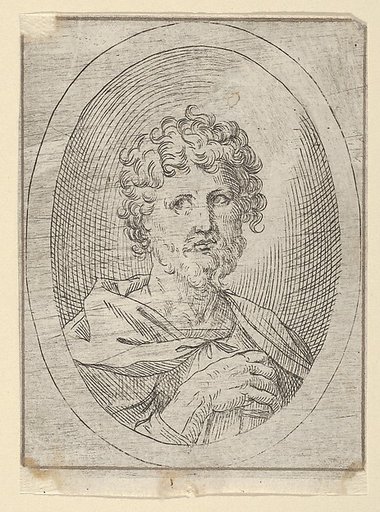An apostle holding a closed book and looking to the left, in an oval frame, from "Christ, the Virgin, and Thirteen Apostles"