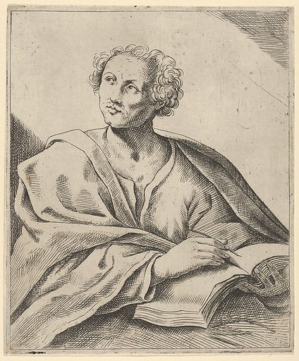 A man holding a book, about to write in it, looking upwards to the left