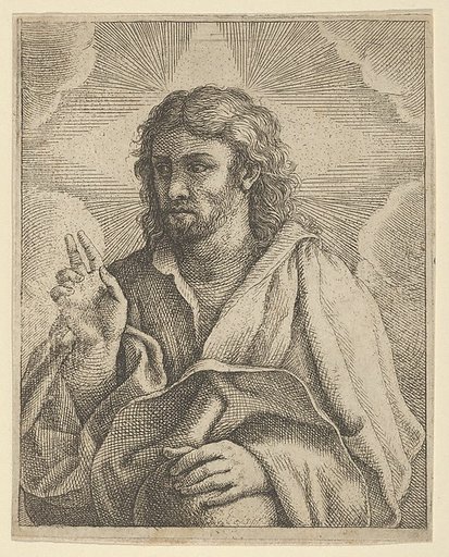 Christ holding a globe, looking to the left and making the sign of blessing with his right hand, clouds behind him, after Reni (?)