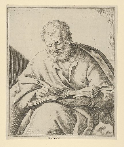 An old man seated and writing in a book (an evangelist?)