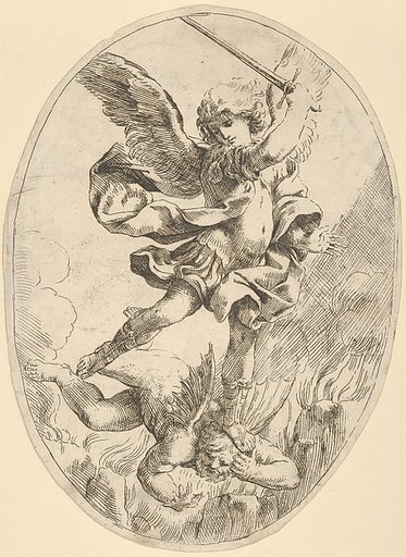 The winged archangel Saint Michael holding a sword and standing on the head of the devil, who descends into hell, an oval composition