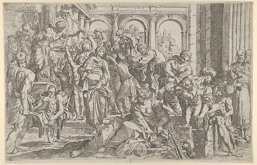 Saint Roch at left distributing alms to a group of people gathered around him