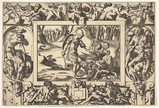 Jason Confronts the Dragon Guarding the Golden Fleece (Par tels assauts Jason va travaillant le fier dragon de nuit et jour veillant...), from "Jason and the Golden Fleece"