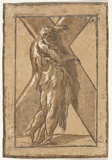 Saint Andrew standing in profile holding a large cross, from "Twelve Apostles"