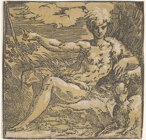 Saint John the Baptist in the desert, a lamb by his side