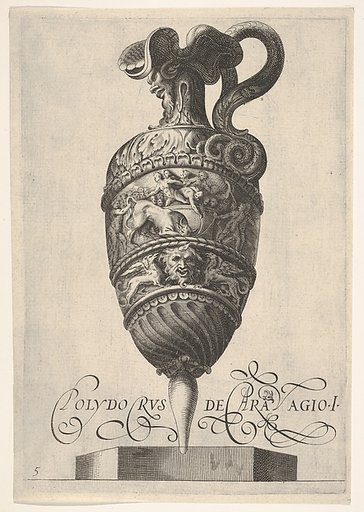 Vessel with grotesque masks, griffins, and a frieze populated by a bull and men in bas-relief, reverse copy after Cherubino Alberti, in turn after Polidoro da Caravaggio