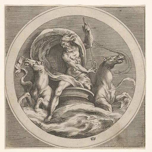 Neptune rising from the sea and bearing a staff, accompanied by two horse-headed sea creatures, reverse copy after a series of engravings by Cherubino Alberti of mythological scenes after Polidoro da Caravaggio