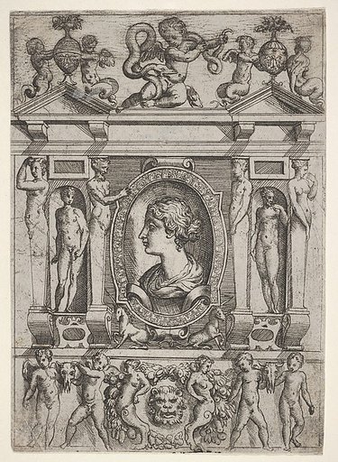 Bust of a woman in profile facing left, set in an elaborate frame with figures in niches at left and right
