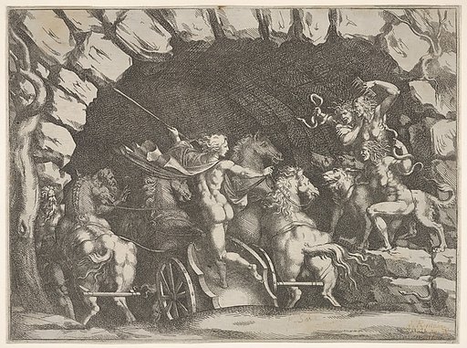 Pluto, seen from behind, entering the Underwold on his chairot, Cereberus and three Furies to right, from "Giove che fulmina li giganti", after the frescoes on the ceiling of the Sala dei Giganti designed by Giulio Romano for the Palazzo del Te, Mantua