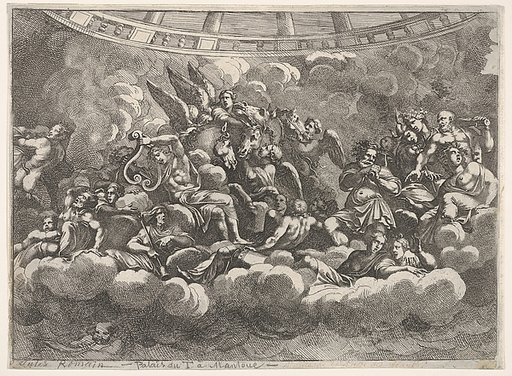Gathering of various Olympian gods and mythological figures among clouds, Apollo at center with his lyre, Vulcan, Mercury, Hercules, and Hermes to right, various figures below, horses and attendants behind in center, from "Giove che fulmina li giganti", after the frescoes on the ceiling of the Sala 