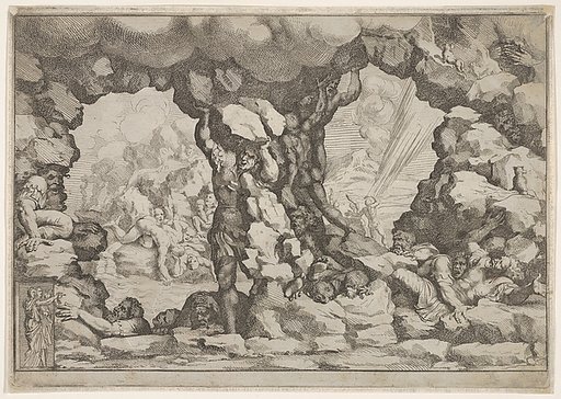 A giant heaving a boulder at center, other giants to left and right struggling and recoiling against impending boulders, nude figures climbing rocks and struggling in the background, from "Giove che fulmina li giganti", after the frescoes on the ceiling of the Sala dei Giganti designed by Giulio Rom