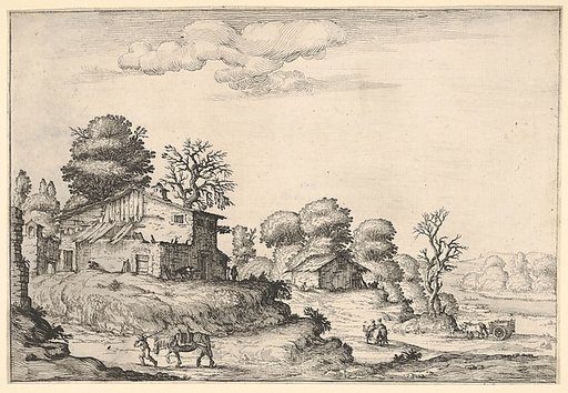 Landscape with peasant dwellings and a man leading a horse in the left foreground, from a series of landscapes dedicated to the Grand Duke of Tuscany