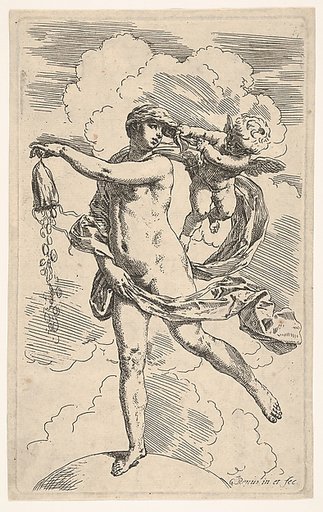 Fortune standing with one foot on a globe and emptying a purse of coins