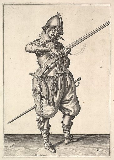 A soldier on guard shaping the match between his thumb and his forefinger, from the Marksmen series, plate 41, in "Wapenhandelinghe van Roers Musquetten Ende Spiessen" (The Exercise of Arms)