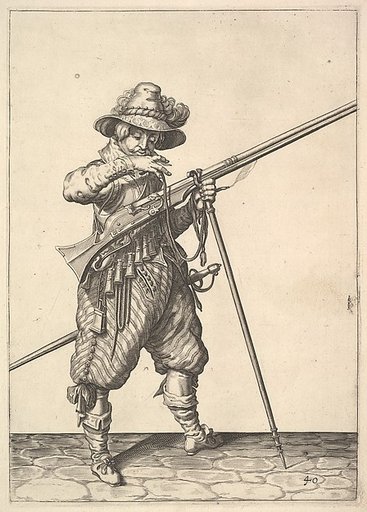 A soldier blowing on a match, from the Musketeers series, plate 40, in "Wapenhandelinghe van Roers Musquetten Ende Spiessen" (The Exercise of Arms)