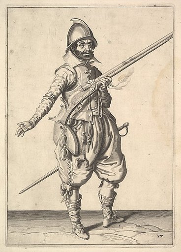 A soldier on guard freeing his right hand, from the Marksmen series, plate 37, in "Wapenhandelinghe van Roers Musquetten Ende Spiessen" (The Exercise of Arms)
