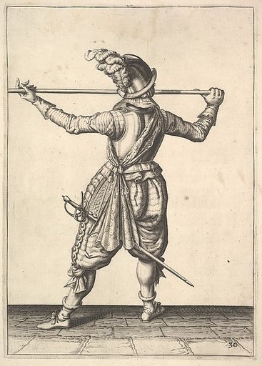 A soldier, seen from the rear, while turning to the right and holding his pike horizontally, from the Lansquenets series, plate 30, in "Wapenhandelinghe van Roers Musquetten Ende Spiessen" (The Exercise of Arms)