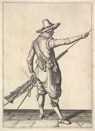 A soldier pulling out the ramrod from its holder, from the Musketeers series, plate 25, in "Wapenhandelinghe van Roers Musquetten Ende Spiessen" (The Exercise of Arms)