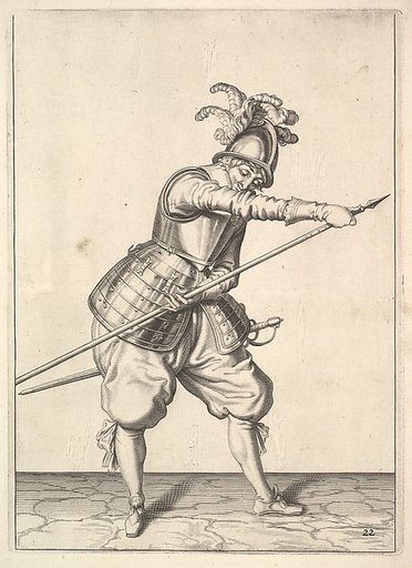 A soldier sliding his right hand along the training-pike, from the Lansquenets series, plate 22, in "Wapenhandelinghe van Roers Musquetten Ende Spiessen" (The Exercise of Arms)