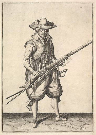A soldier shaking the powder from the top of the pan, from the Musketeers series, plate 19, in "Wapenhandelinghe van Roers Musquetten Ende Spiessen" (The Exercise of Arms)