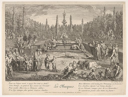 The Funeral (Les Obseques): various satyrs gathered in a clearing, funeral pyre to left, a freshly dug grave and a tomb decorated with satyr heads and antlers in center, upon which musicians are seated, from "The lives of satyrs" (La vie des satyres)