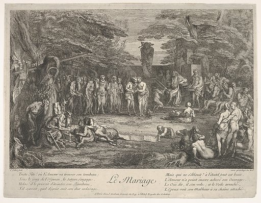 The Marriage (Le Mariage): in a forest, an old satyr marries the betrothed in center, musicians to right, old satyrs with canes to the left, a couple consulting an old philosopher to left in the foreground, from "The lives of satyrs" (La vie des satyres)