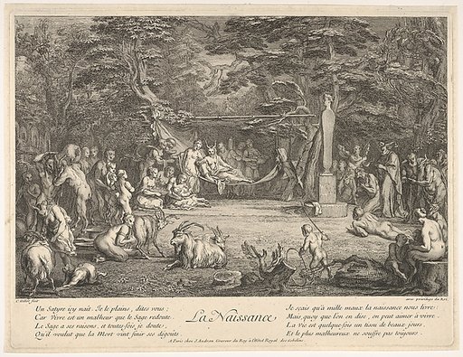 The Birth (La Naissance): in a forest, the new mother resting in a hammock at center, the newborn below her to left, various satyrs and goats surrounding, from "The lives of satyrs" (La vie des satyres)