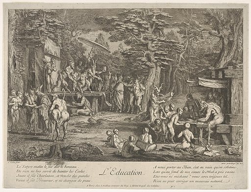 The Education (L'Education): in a forest, to right an old satyr instructor holding a wand, teaching a group of children, to the left a merchant of orvietan trying to attract spectators with his act, from "The lives of satyrs" (La vie des satyres)