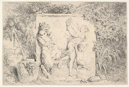 A bas-relief depicting a satyr at left holding two infants, another child satyr to right, dancing to the sound of the sistrum played by the woman in center, around the relief, a vase decorated with the head of a satyr, plants, and a thyrsus, from "Four Bacchanalia" (Quatre Bacchanales)