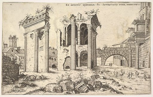 View of unidentified ruins with trabeated facade at left, arcades at center, and arch at right, from "The Roman Ruins" (Praecipua aliquot Romanae antiquitatis ruinarum monimenta, vivis prospectibus)