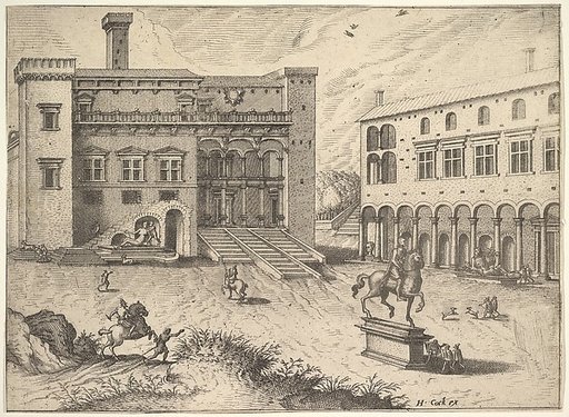 View of the Campidoglio on the Capitoline Hill, with equestrian statue at lower right, from "The Small book of Roman ruins and buildings" (Operum antiquorum romanorum)