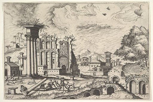 View of the Roman Forum, looking toward the Palatine Hill, from "The Small book of Roman ruins and buildings" (Operum antiquorum romanorum)