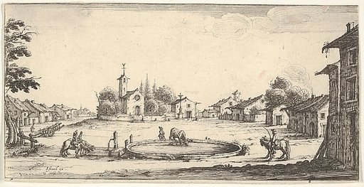 Plate 6: view of a village with a horse trough in center, horses and houses to either side, a church in center background