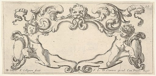 Plate 1: a cartouche with a lion head with wings at top center, a putto holding a blank escutcheon to either side, from "Twelve cartouches" (Recueil de douze cartouches)