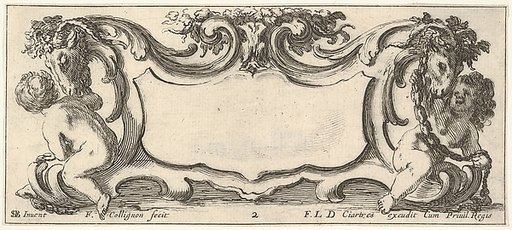 Plate 2: a cartouche with a child seen from the back to left and a child seen from the front to right, each playing with the head of a sheep crowned with flowers, from "Twelve cartouches" (Recueil de douze cartouches)