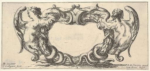 Plate 3: a cartouche with a woman with wings ending in a serpent's tail to left, seen from the front, a similar woman seen from the back to right, from "Twelve cartouches" (Recueil de douze cartouches)
