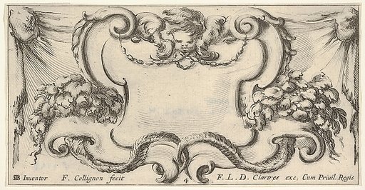 Plate 4: a cartouche with the head of a cherub at top center, leaves and flowers to either side, from "Twelve cartouches" (Recueil de douze cartouches)