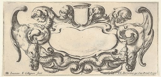 Plate 5: a cartouche with a blank escutcheon at top center, a chimera to either side, their bodies ending in scrollwork and dragon tails, from "Twelve cartouches" (Recueil de douze cartouches)