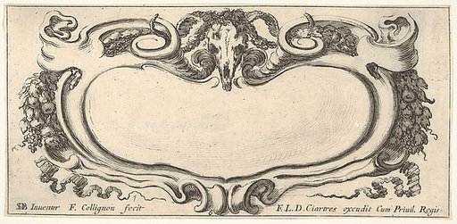 Plate 6: a cartouche with a ram skull at top center, grapes and other fruits to either side, from "Twelve cartouches" (Recueil de douze cartouches)